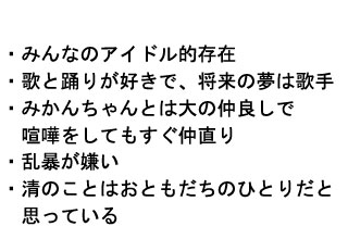 
・みんなのアイドル的存在
・歌と踊りが好きで、将来の夢は歌手
・みかんちゃんとは大の仲良しで
　喧嘩をしてもすぐ仲直り
・乱暴がきらい
・清のことはおともだちのひとりだと
　思っている
